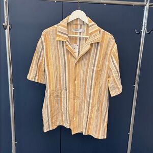 Bershka Men's Casual Button Down Shirt - Yellow and White Stripes